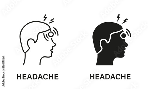 Headache Line and Silhouette Icon Set. Head Disease, Fatigue Symbol Collection. Migraine, Health Problems, Pain, Stress, Tired and Burnout. Symptoms of Virus Disease, Flu, Cold. Vector illustration