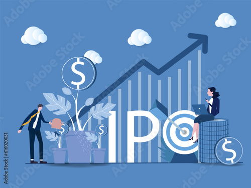 IPO, initial public offering, investment opportunity or make profit from new stock concept. Return on investment, financial solutions, passive income. Vector illustration.