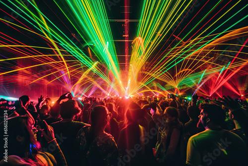 people dancing in the dark with laser lights on their faces and arms as they dance at night club stock photo