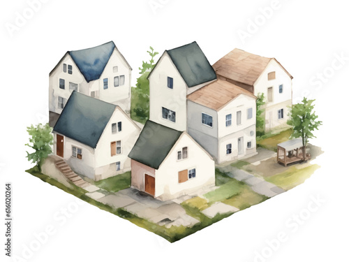 おしゃれな住宅街の水彩イラスト　AI生成画像