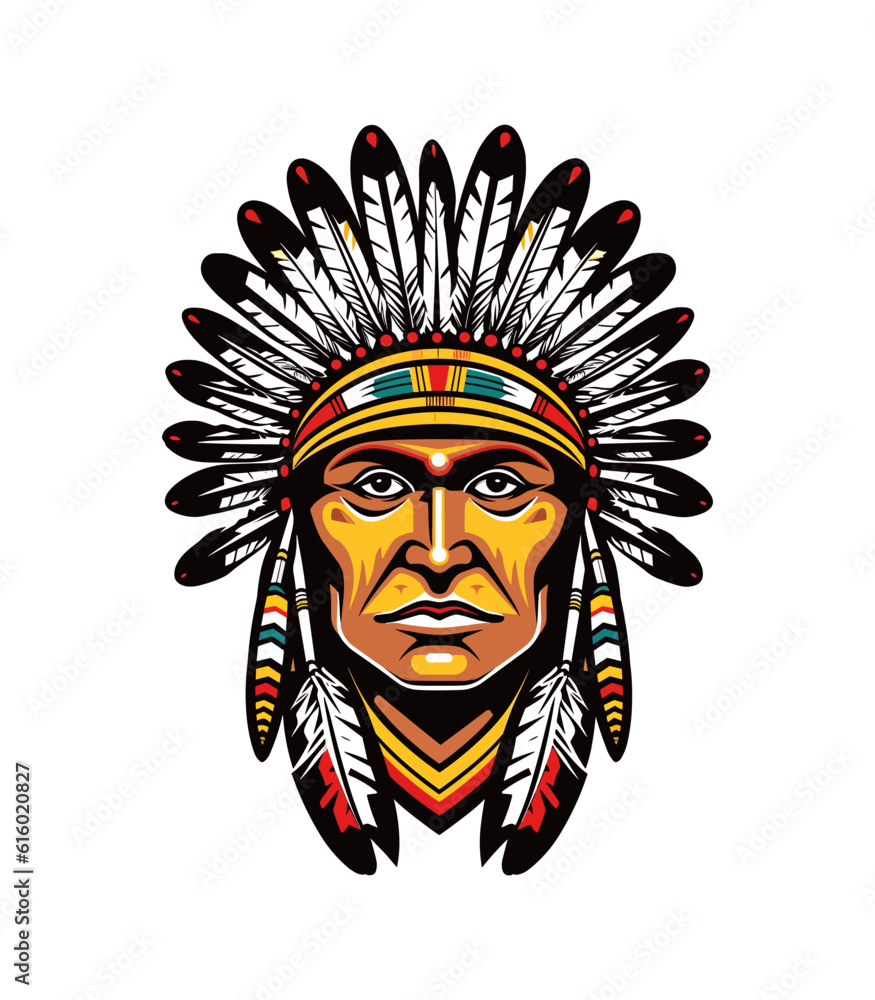 An intricately detailed Native American Indian head vector clip art illustration, featuring traditional headdress and symbols, ideal for cultural artwork and educational materials