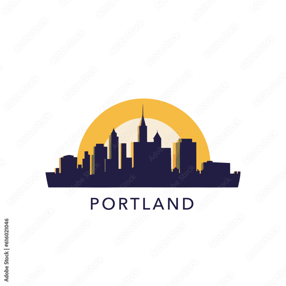 USA United States of America Portland modern city landscape skyline logo. Panorama vector flat Oregon icon with abstract shapes and sunset, sunrise