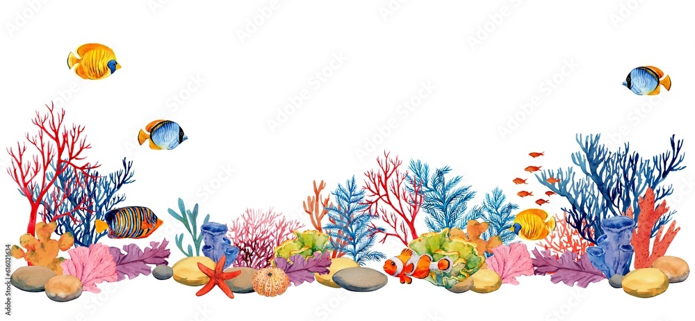 Coral reefs with tropical fish, rocks and algae. Underwater landscape. Bright watercolor illustration. The plot for the design of banners, souvenirs, postcards, posters, design and printing Coral reefs with tropical fish, rocks and algae. Underwater landscape. Bright watercolor illustration. The plot for the design of banners, souvenirs, postcards, posters, design and printing