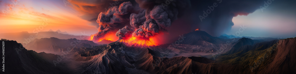 Stunning volcanic eruption panorama, glowing lava flowing down mountain, spectacular smoke & ash plume rising into sky. Emotive force of nature scene. Generative AI