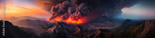Stunning volcanic eruption panorama  glowing lava flowing down mountain  spectacular smoke   ash plume rising into sky. Emotive force of nature scene. Generative AI
