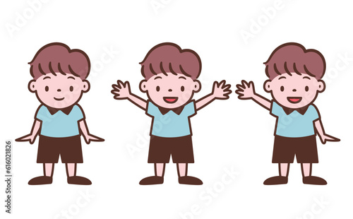 バンザイ・喜ぶ・挨拶・ノーマルな男の子の可愛いポップな子ども・キッズの全身ベクター人物イラスト素材_茶色線