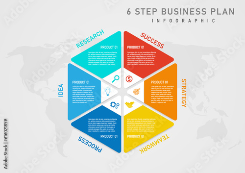 infographic template 6 step business plan success hexagon segmented multicolored white lettering inner icon world map background on gray gradient background design for marketing, product, project