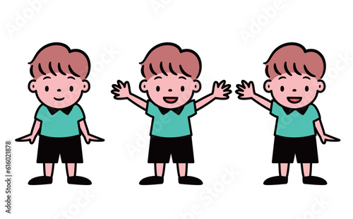 バンザイ・喜ぶ・挨拶・ノーマルな男の子の可愛いポップな子ども・キッズの全身ベクター人物イラスト素材