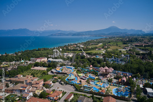 Amusement park, attractions on Lake Garda in Italy, aerial view. Aerial panorama of the popular amusement park on Lake Garda.