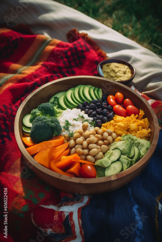 Delicious cuisine, healthy and natural avocado salad, outdoors on a picnic mat