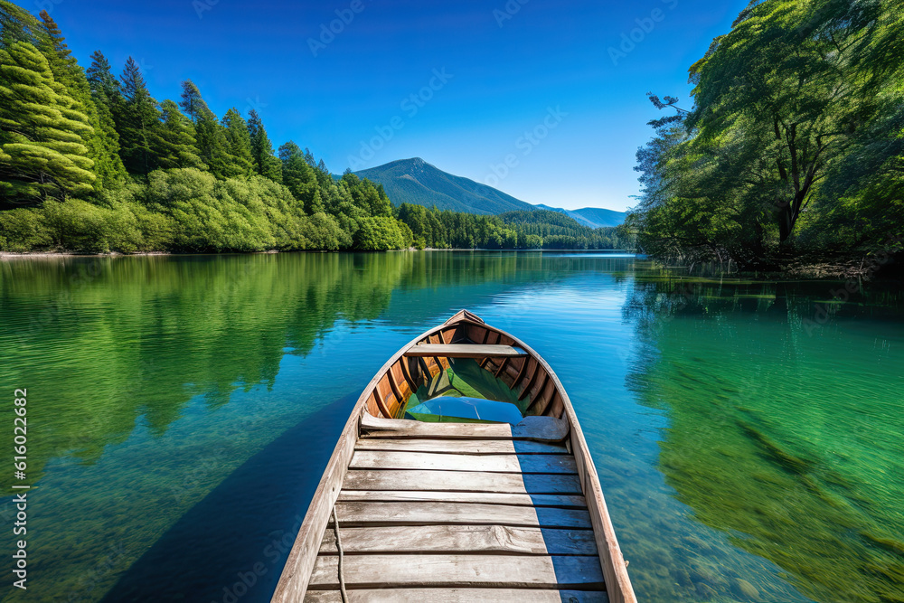 a boat in the middle of a body of water with green trees and mountains in the background on a sunny day