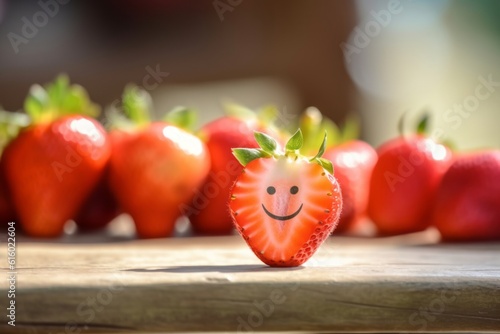 strawberry and smoothie, Smiling Half Strawberry Joins a Group of Lively Strawberries and a Playful Strawberry Juice, Resting on a White Wooden Table Against an Unsharp Breakfast Spread.