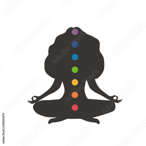Seven chakras system of human body. Meditating female silhouette with basic energy centers. Yoga, relaxation or healthy lifestyle concept. Health care. Indian culture. Flat vector illustration.