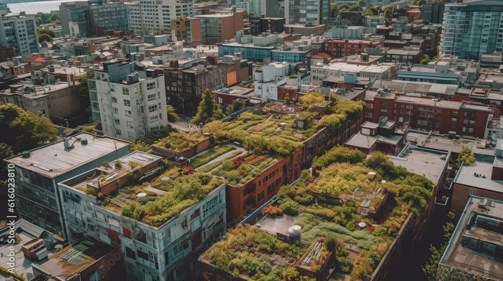 Fototapeta premium the city from above, with green roofs and tall buildings in the fore - image is an aerial view of new york