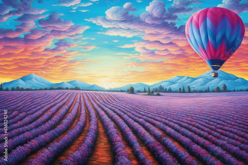 watercolor Landscape Lavender fields in France and a hot air balloon illustration