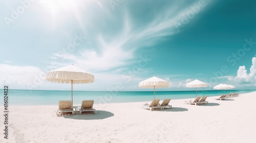 Beach chairs and umbrellas on beautiful tropical beach  Generative AI