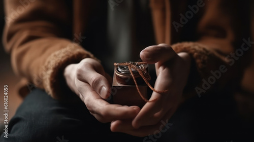 Hands of a man in a brown sweater holding a retro camera, Generative AI