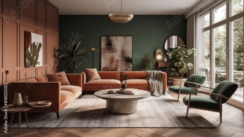 A luxurious and elegant mid-century modern interior design concept for a spacious living room. Generative AI