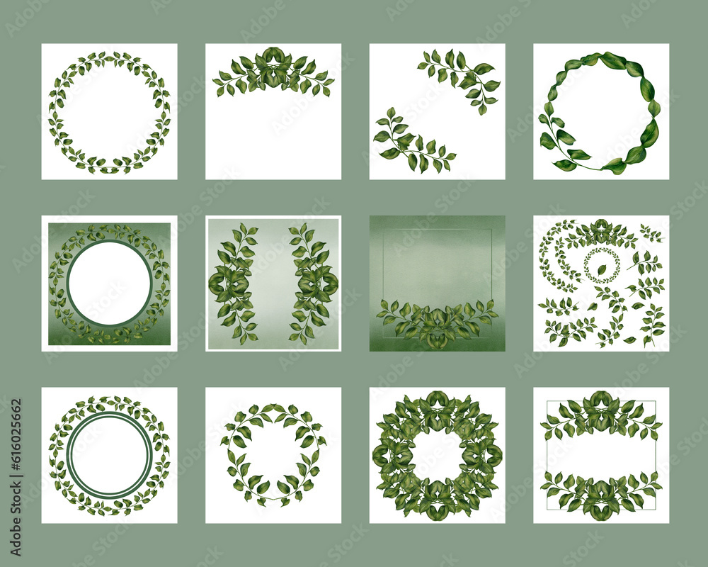 Set of watercolor illustration of frames from green ruscus branches with leaves for wedding, birthday, greeting card, menu, banner, border, stickers. Elements isolated on white background.