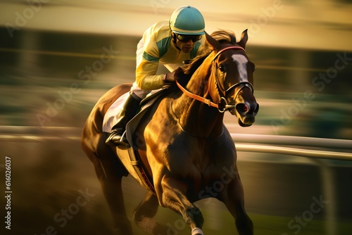 man riding horse with fast movement in horse racing competition generated ai