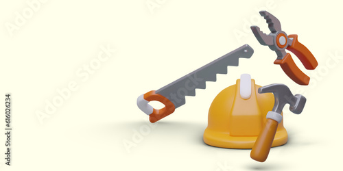 Repair work at home. Selection of tools for work. Online store. Goods for external and internal work. Personal protective equipment. Commercial poster with 3D illustration
