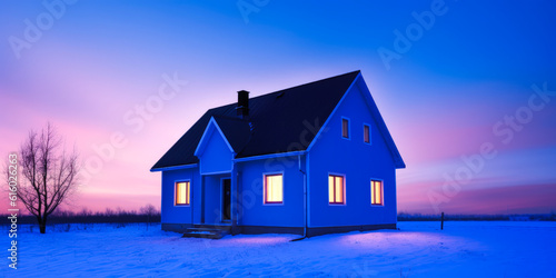 Captivating insulated house at dusk, showcasing warm-colored thermal materials against a crisp evening blue sky, evoking emotions through striking color contrasts. Generative AI