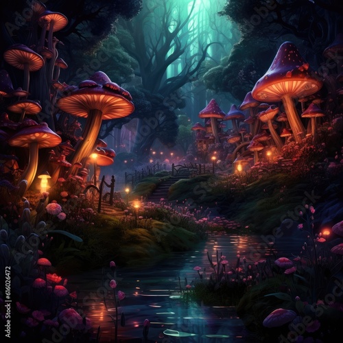 A colorful forest city of fairies with magical glowing plants, ancient mighty moss-covered trees, butterflies and fireflies fly in the air