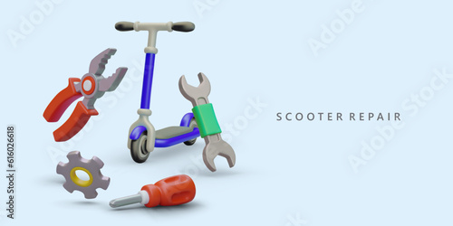 Repair and restoration of kick scooters. Service of children and adult models. Selection of original replacement parts. Advertising poster with cute 3D illustration in plasticine style