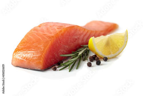 Salmon piece with rosemary, lemon, and peppercorn isolated on a white background.