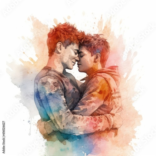 Watercolor painting of a twenty-year-old LGBT couple