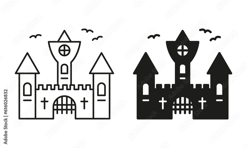 Halloween Gothic Spooky Castle Pictogram Set. Vampire Dracula Scary Castle Line and Silhouette Black Icons. Dark Old Castle for Halloween Celebration Symbol Collection. Isolated Vector Illustration
