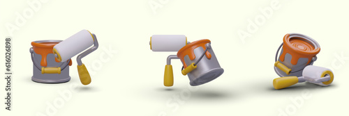 3D open can of paint and roller brush in different positions. Set of images on light background. Tools and materials for repair. Realistic illustrations with shadows
