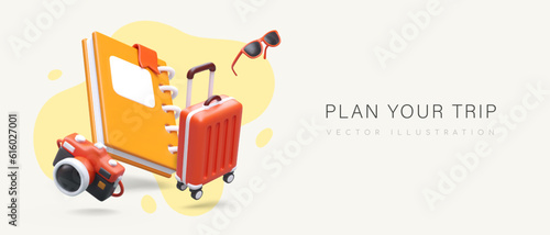 Plan your vacation. Choose place, route, hotel, excursions. Baggage packing. Find locations for beautiful photos. Services of travel consultant, local guide. Commercial template with 3D illustration