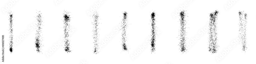 Spray Texture Paint Set. Line Black Splatter Stroke. Grunge Splash, Stripe Graffiti. Brush Effect, Spatter Brushstroke Collection. Abstract Graphic Design Element. Isolated Vector Illustration