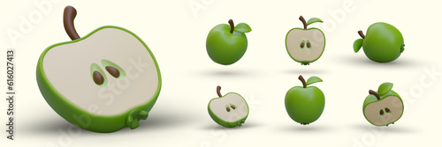 Set of 3D apples in cartoon style. Ripe green fruits with leaves. Juicy sweet natural products. Whole apples, halves, pieces. Ingredients for baking, jam, juices. Color icons with shadows