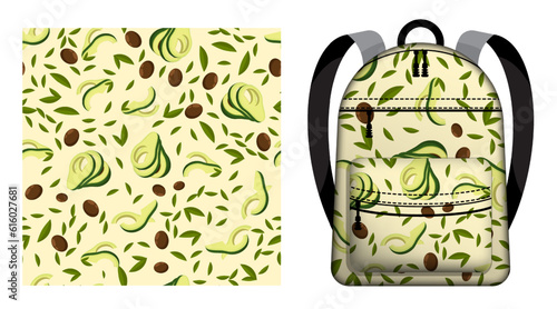 Children school backpack decorated Avocado fruit seamless pattern with leaves and seeds. Avocado wedges and slices. Vector ornament for design of posters and printing on textile