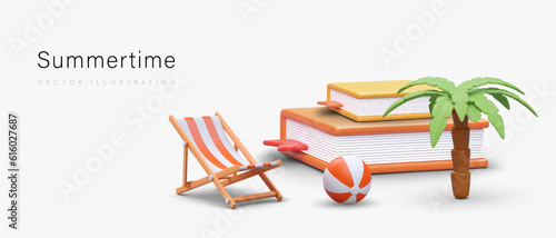 Stack of giant 3D books near palm tree, ball, and deck chair. Reading books while relaxing. Sunbathing with book. Active and passive recreation on vacation. Poster with place for text