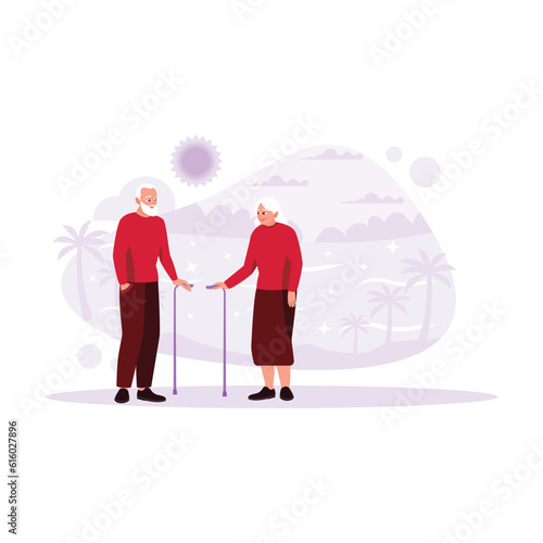 An elderly couple is standing and chatting, looking at each other with a view of the beach and sunset. Trend Modern vector flat illustration.