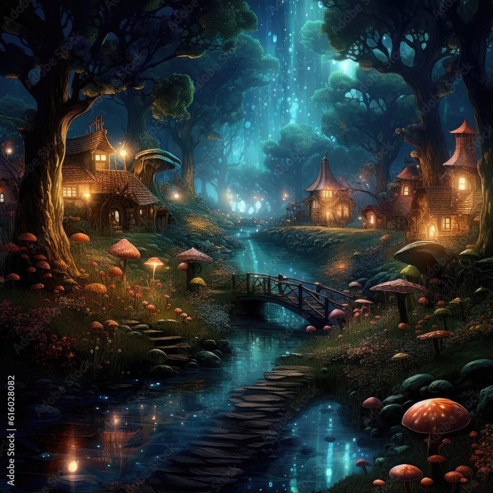 Magical fantasy mushrooms in a magical fairy tale dreamy elf forest, mysterious background, shiny glowing stars. Magical fantasy mushrooms in a magical fairy tale dreamy elf forest, mysterious background, shiny glowing stars.