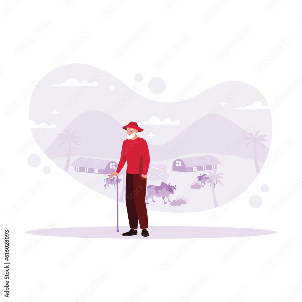 Old male farmer standing with cane against beautiful farm and mountains background. Trend Modern vector flat illustration.