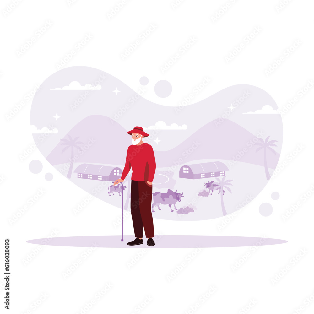 Old male farmer standing with cane against beautiful farm and mountains background. Trend Modern vector flat illustration. Old male farmer standing with cane against beautiful farm and mountains background. Trend Modern vector flat illustration.
