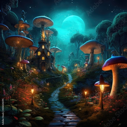 A colorful forest city of fairies with magical glowing plants, ancient mighty moss-covered trees, butterflies and fireflies fly in the air © mirexon