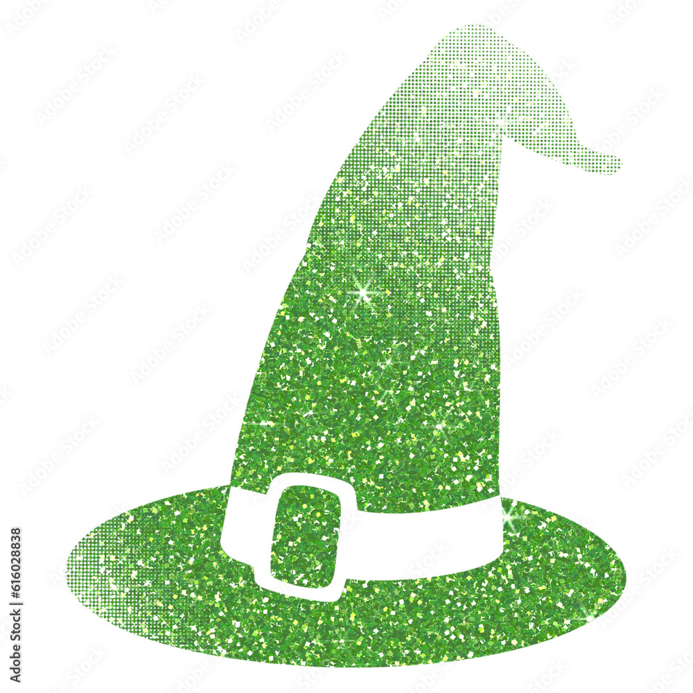 Green glitter witch hat on transparent background. Witch hat icon