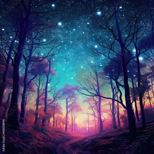 Fantasy and fairytale magical forest with purple and cyan light lighting pathway. Digital painting landscape.