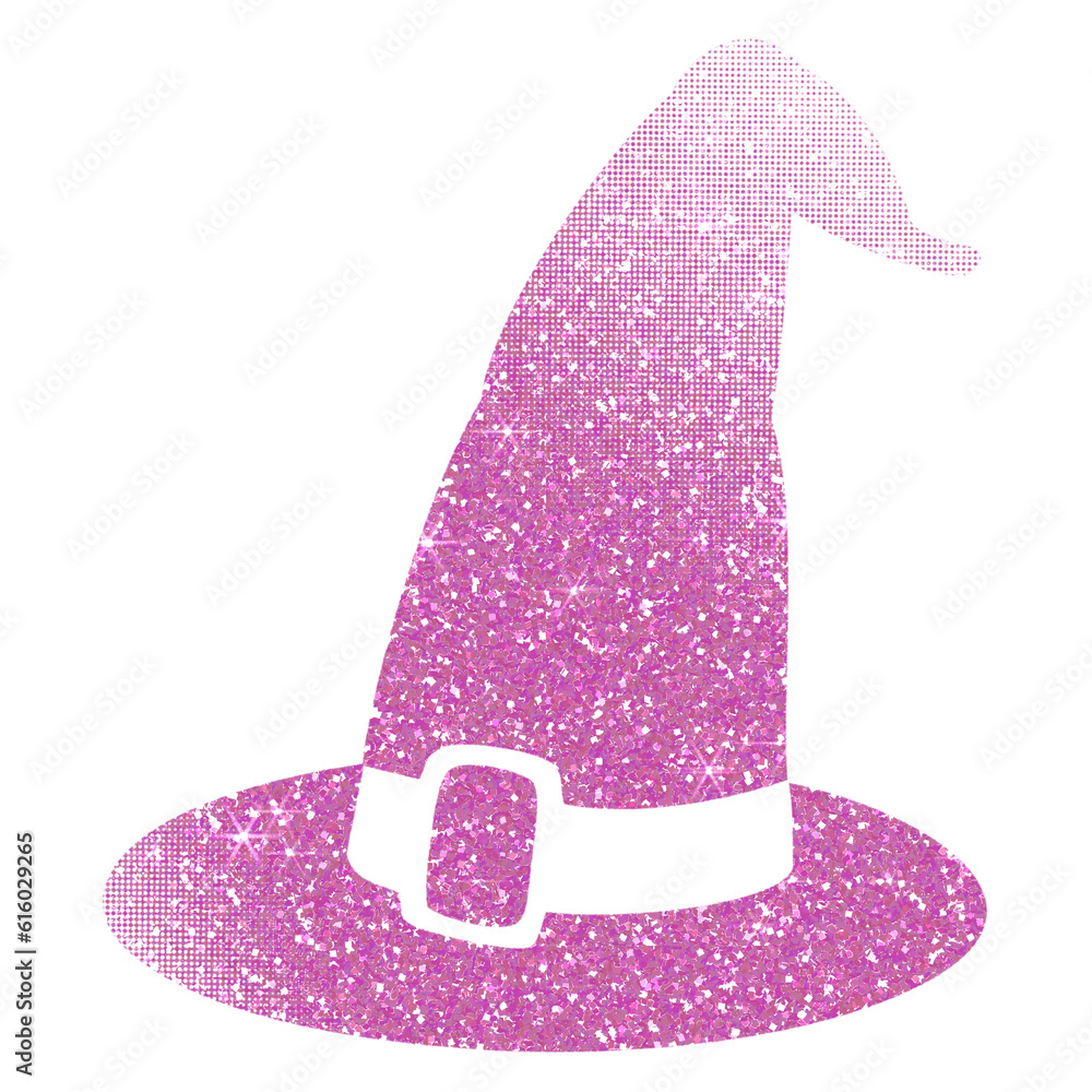 Pink glitter witch hat on transparent background. Witch hat icon