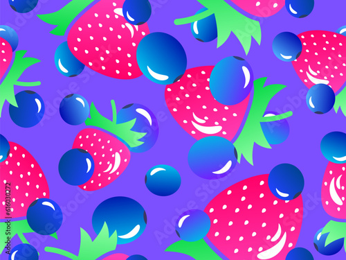 Blueberries and strawberries in 3d style seamless pattern. Summer berry mix with strawberries and blueberries with gradient color. Design for wallpapers, banners and posters. Vector illustration