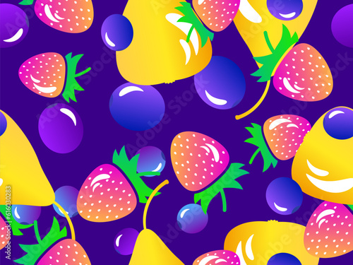 Pears, strawberries and blueberries in 3d style seamless pattern. Summer mix with strawberries, blueberries and pears with gradient. Design for wallpapers, banners and posters. Vector illustration