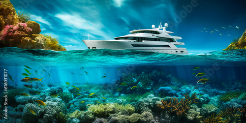 Captivating split-level image of a luxury yacht on serene bay waters, with vibrant underwater coral reef teeming with marine life adding depth and emotion. Generative AI