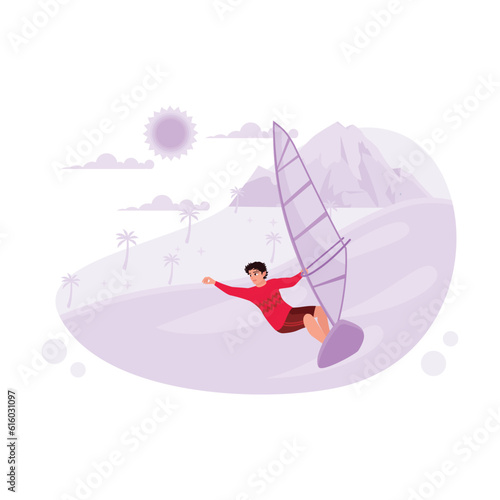 Young surfers surf professionally and conquer the waves in the ocean. Trend Modern vector flat illustration.