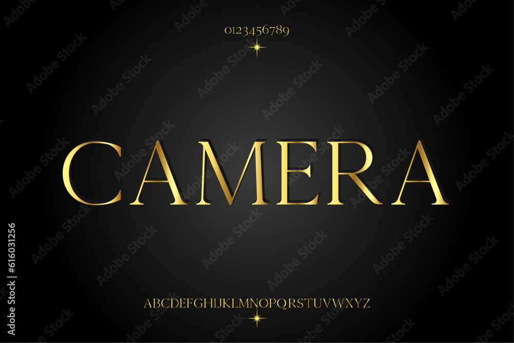 CAMERA, Elegant golden alphabet letters font set. Classic Custom gold ...